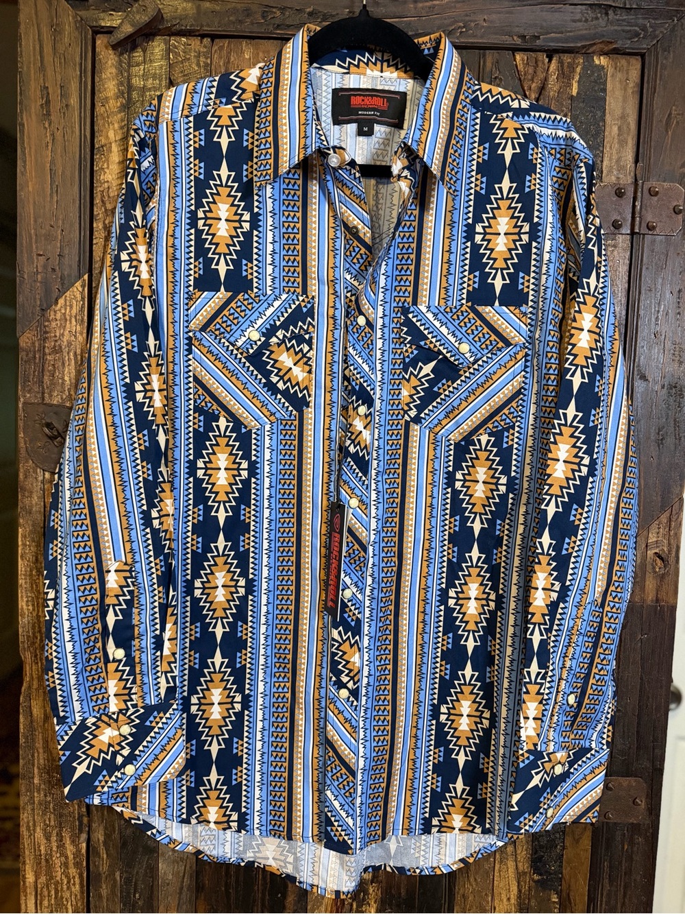 Rock & Roll Denim Men M Aztec Western Pearl Snap Shirt Modern Fit NWT Blue Tan